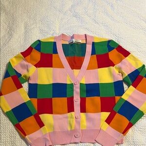Vici Pink and Red Cardigan Sweater with Retro Design